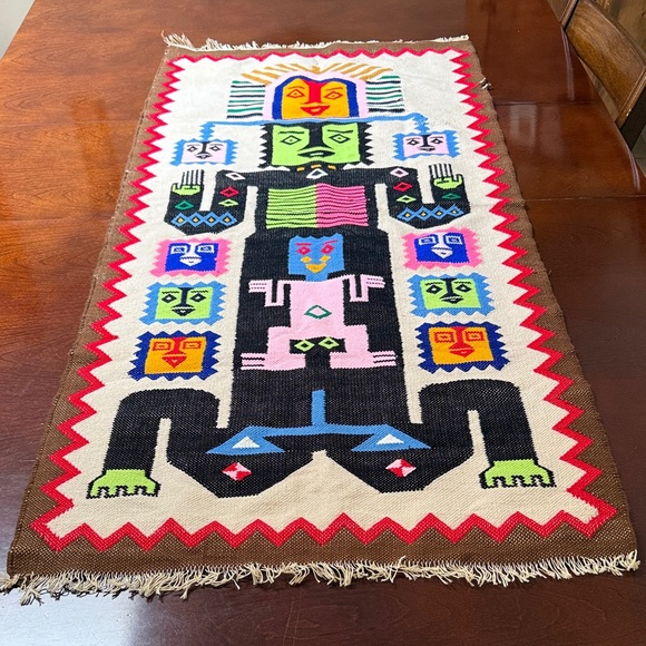 Vintage  hand-woven wool tribal tapestry likely of South American